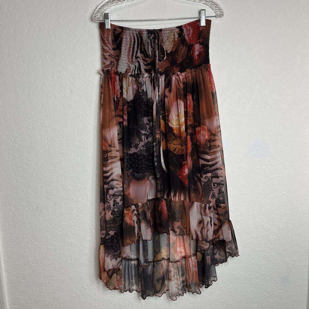Lapis Mesh High-low Skirt multi print, elastic smocked waist band, Size L